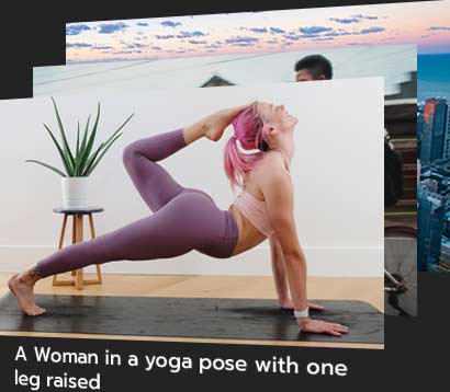 A stack of pictures with the top picture visible to users. In it, a woman in a yoga pose has one leg raised. Underneath is text to represent an auto-generated alt tag, with the words "A woman in a yoga pose with one leg raised"