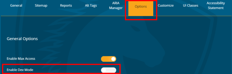 A screenshot of the Max Access dashboard, telling users to go to the Options tab to find the Dev Mode toggle button
