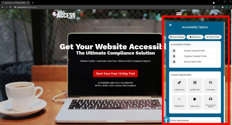 A screenshot of the Max Access homepage, showing users that when the accessibility toolbar icon in the bottom right corner is clicked, the toolbar opens