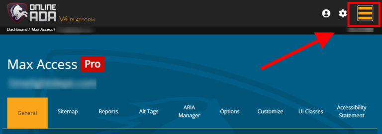 A screenshot of the Max Access dashboard, highlighting the main menu navigation button for users to click in order to find the referral section