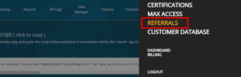 A screenshot of the main navigation menu, showing users the referrals tab