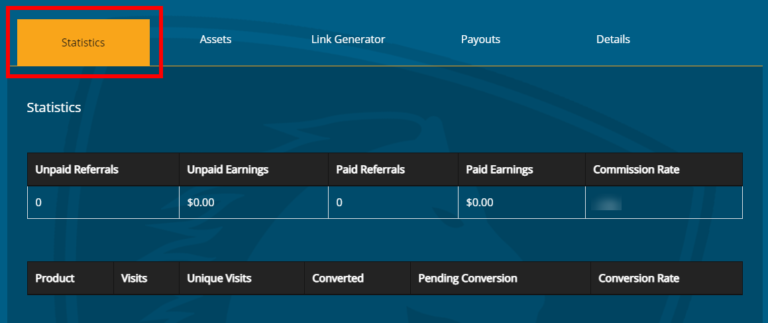 A screenshot of the Referrals section, showing the statistics tab as an overview of affiliate activity