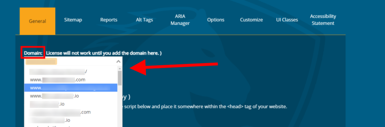 A screenshot of the Max Access General tab in the dashboard, showing users that they can reset their domain by selecting the Domain textbox and either typing a new URL in the box or selecting a previously used URL from the drop down list