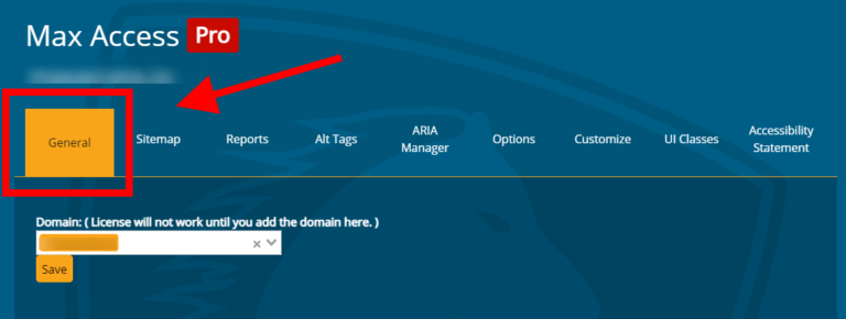 A screenshot of the Max Access user dashboard, indicating that users should navigate to the General tab in order to change their domain
