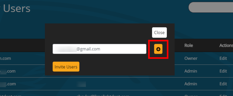 A screenshot of the Users page of the Online ADA dashboard, indicating that users should click the Validate Email Address button, which also looks like a plus sign, in order to verify the email address.